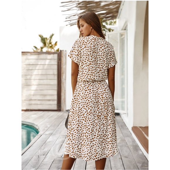Spotted Print Drawstring Waist Shirt Dress Midi - Picture 4 of 11